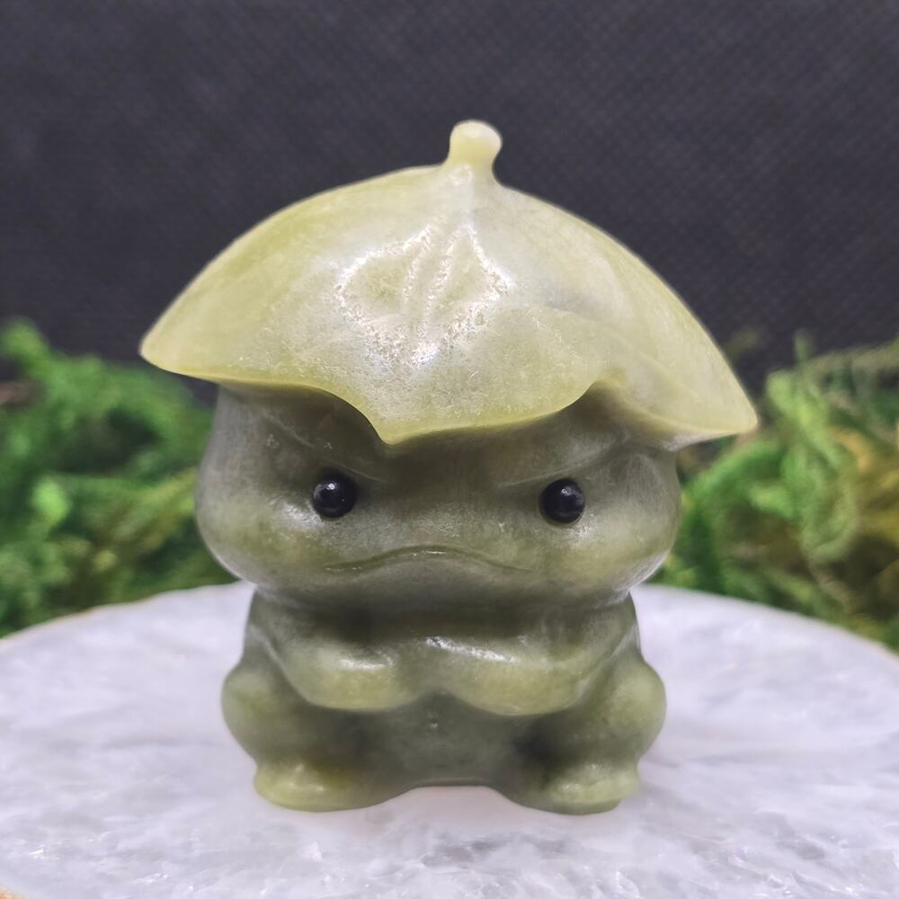 Nephrite Jade Frog 2" Crystal Carving Lily Pad Hat Cute Animal Figurine